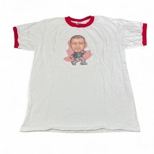 red and white vintage-style graphic tee with cartoon Justin Timberlake